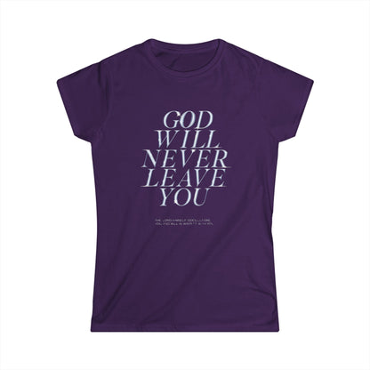 Blue **Comfortable Inspirational Quote Tee** – Soft and relaxed-fit t-shirt with the inspirational quote "God Will Never Leave You" printed on the front. A comforting and uplifting design perfect for everyday wear.