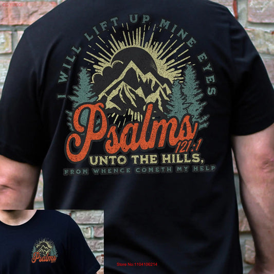 Men's Christian T-Shirt featuring Psalms 121:1 with an inspirational faith-based design. Soft, comfortable, and perfect for daily wear, worship, or sharing your faith.