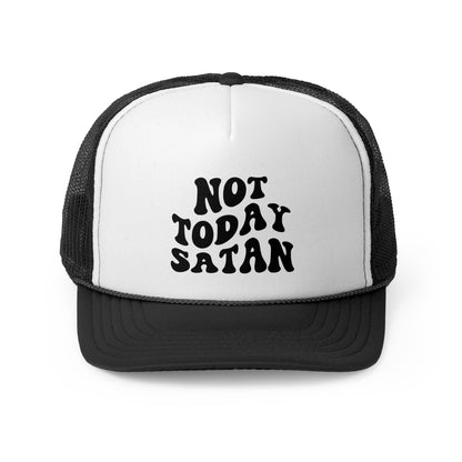 Black and White Funny "Not Today Satan" Trucker Cap – Classic trucker cap with a mesh back and bold text reading "Not Today Satan" on the front. Lightweight, breathable, and adjustable for a comfortable fit with a humorous and bold design.