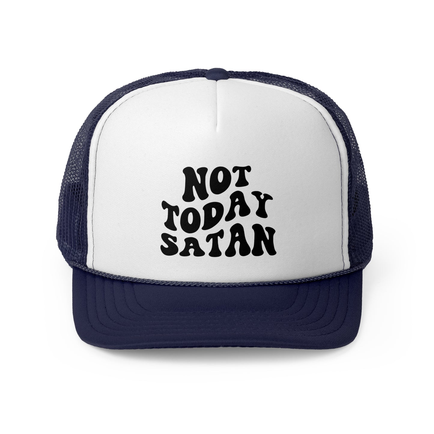 Blue Funny "Not Today Satan" Trucker Cap – Classic trucker cap with a mesh back and bold text reading "Not Today Satan" on the front. Lightweight, breathable, and adjustable for a comfortable fit with a humorous and bold design.