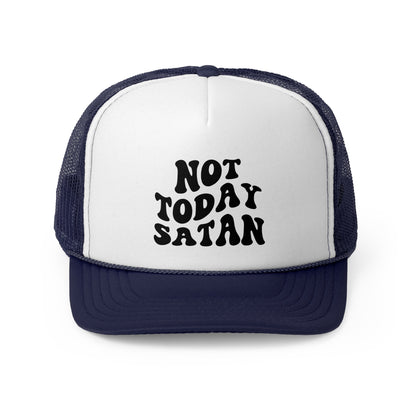 Blue Funny "Not Today Satan" Trucker Cap – Classic trucker cap with a mesh back and bold text reading "Not Today Satan" on the front. Lightweight, breathable, and adjustable for a comfortable fit with a humorous and bold design.