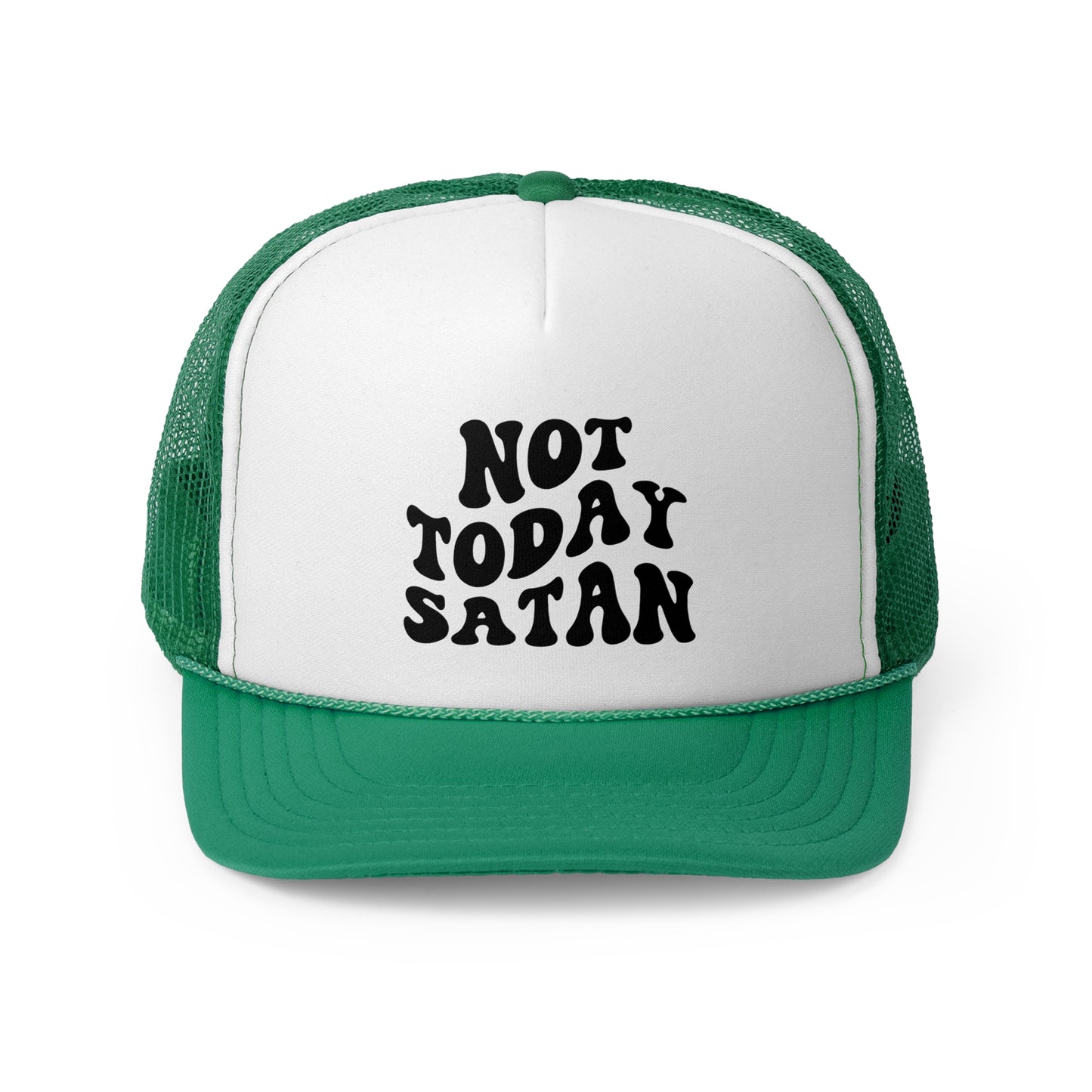 Green and White Funny "Not Today Satan" Trucker Cap – Classic trucker cap with a mesh back and bold text reading "Not Today Satan" on the front. Lightweight, breathable, and adjustable for a comfortable fit with a humorous and bold design.