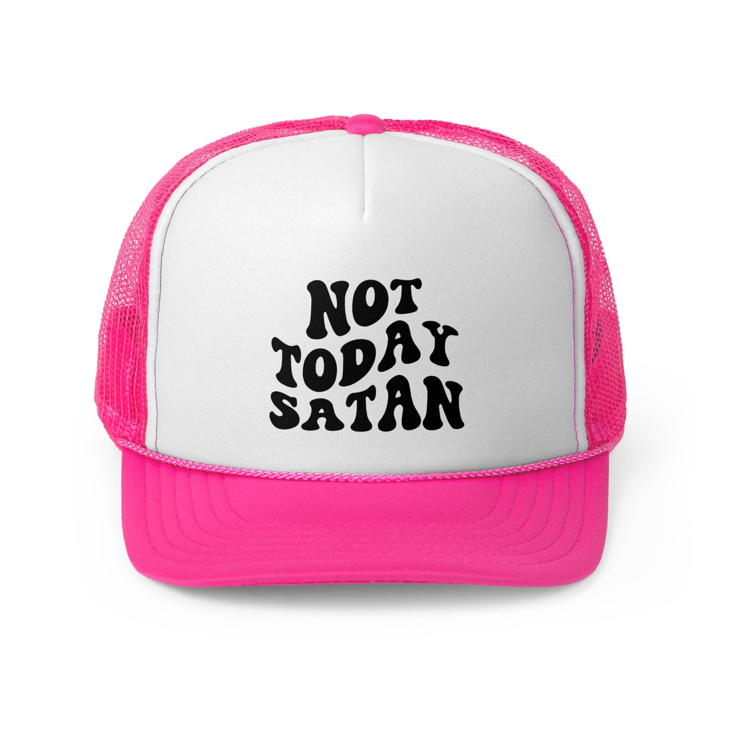 Pink Funny "Not Today Satan" Trucker Cap – Classic trucker cap with a mesh back and bold text reading "Not Today Satan" on the front. Lightweight, breathable, and adjustable for a comfortable fit with a humorous and bold design.