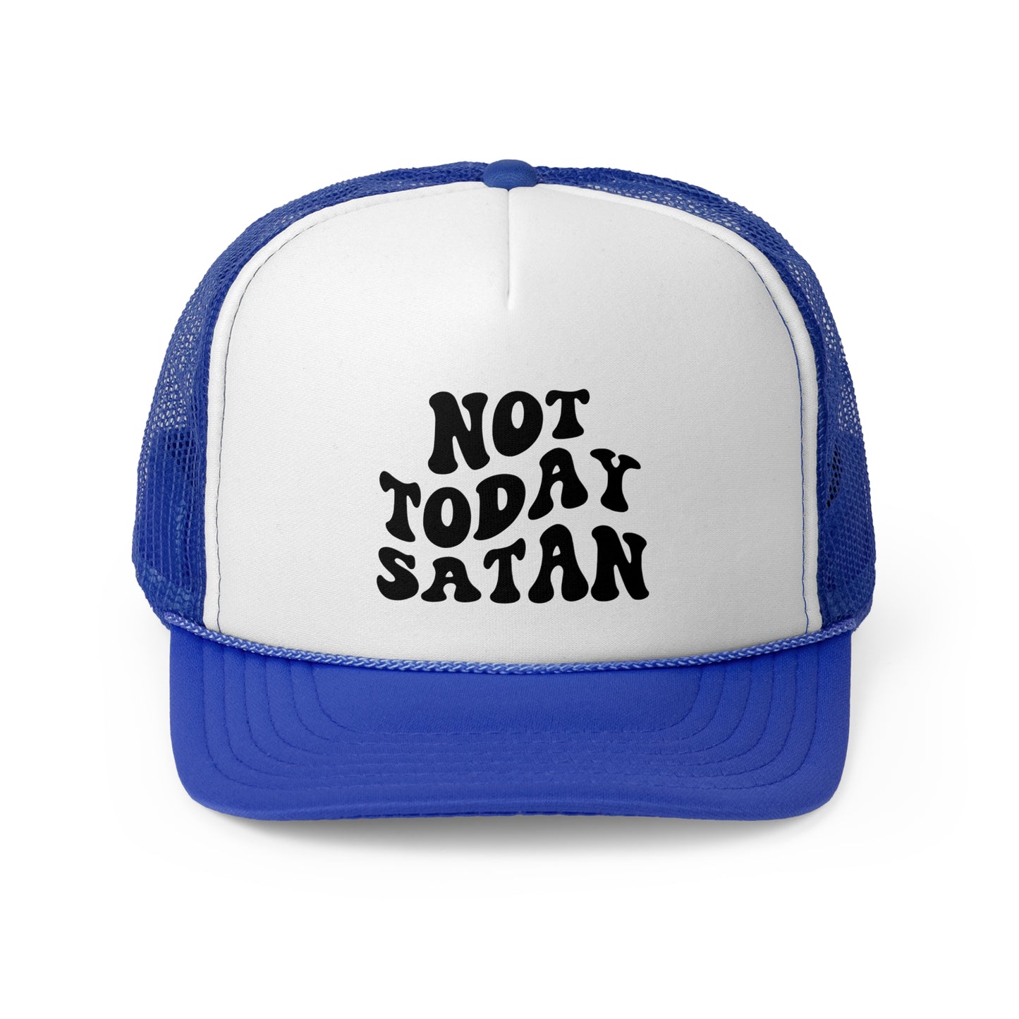 Funny "Not Today Satan" Trucker Cap – Classic trucker cap with a mesh back and bold text reading "Not Today Satan" on the front. Lightweight, breathable, and adjustable for a comfortable fit with a humorous and bold design.